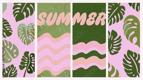 Tropical monstera leaf and wave pattern posters with summer typography in a retro inspired style leaves leafy foliage palm split swiss