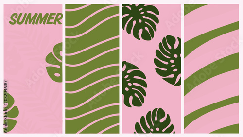 Tropical monstera leaf and wavy line pattern with summer text a vibrant vector illustration botanical leaves deliciosa swiss cheese plant foliage