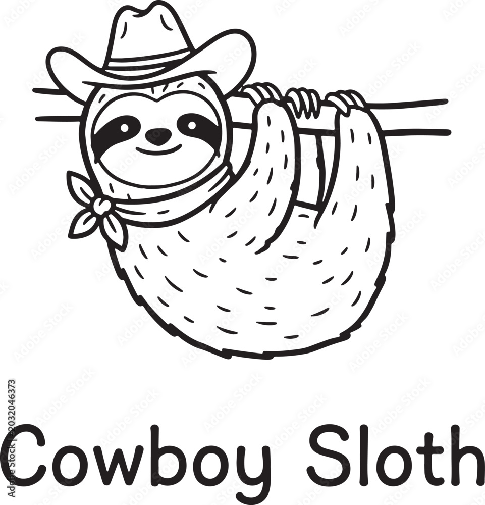 Fototapeta premium Cute cartoon cowboy sloth hanging on a branch with a bandana and cowboy hat illustration