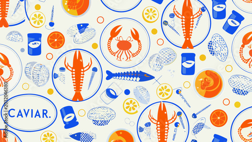Tableau sur toile Seafood and citrus fruit pattern a colorful vector illustration with lobster fis
