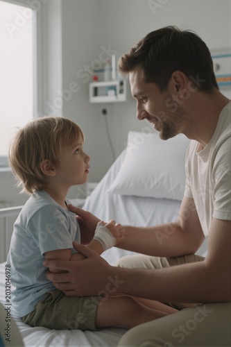 A young boy recovers from an injury in a hospital room, comforted by his father's gentle touch and warm smile.