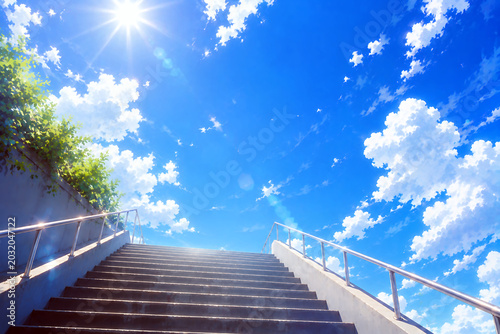 青空へ続く階段と夏空の風景