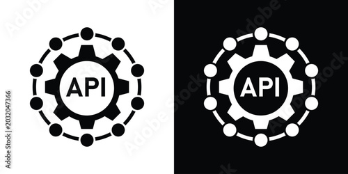 Slika na platnu API integration icon featuring a central gear surrounded by a connected network circle, in solid black and white variations