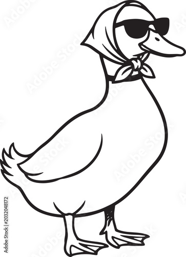 Photos Stylized cartoon duck wearing a headscarf and sunglasses standing isolated on a