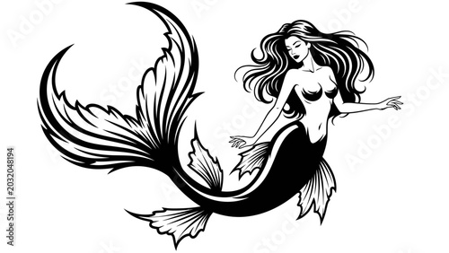 Cuadro en lienzo Beautiful Mermaid Vector Illustration Black and White