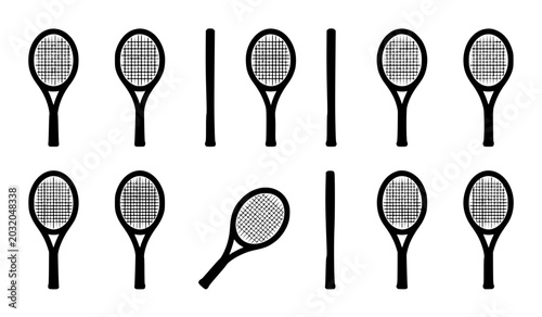 Photography Tennis racket icons set,black silhouette of tennis racquets from different angles and views