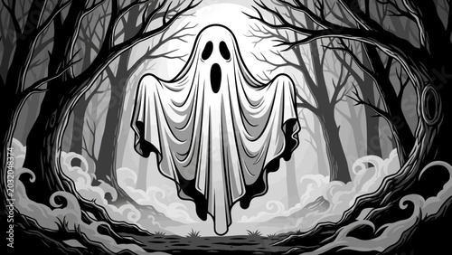 Photos Spooky Ghost Floating in Dark Eerie Forest Monochrome Illustration
