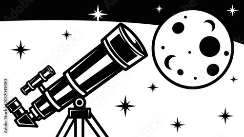 Vászonkép Telescope Pointing at the Moon in a Starry Night Sky Vector Illustration
