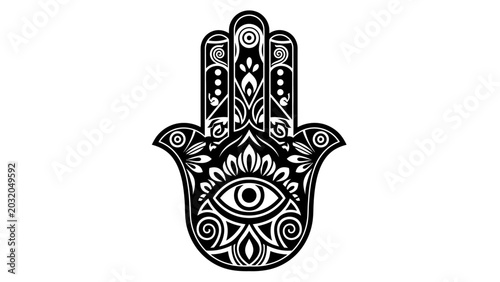 Cuadro en lienzo Black and White Hamsa Hand Symbol with Ornate Mandala Patterns
