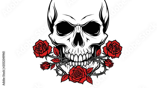 Foto Human Skull with Red Roses and Thorny Vines Illustration