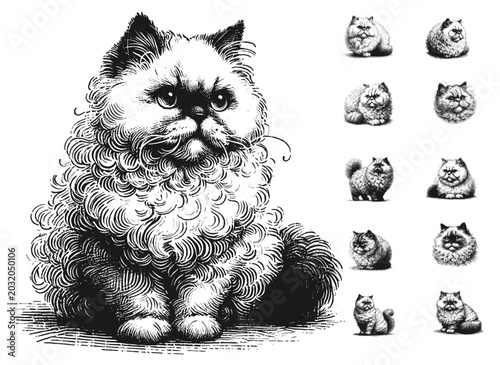 Obraz na plátně Line art sketch drawing of a fluffy Selkirk Rex cat sitting down, facing the vie