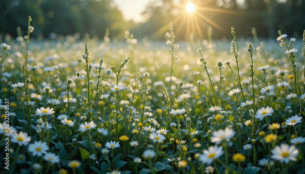 Fototapeta premium Enchanted Flower Field at Sunrise with Crystal Dew and Dreamlike Fantasy Atmosphere