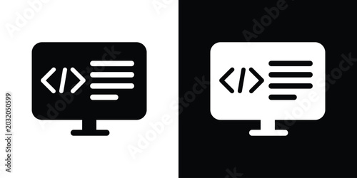 Computer monitor showing programming code brackets and text lines, presented in flat black and white outline vector variations.