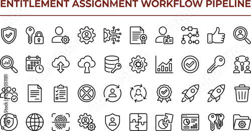 Modern entitlement assignment workflow pipeline icon set with outline style for enterprise authentication and access management interfaces