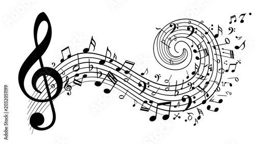 Bilde på lerret Abstract Swirling Musical Notes and Treble Clef Illustration