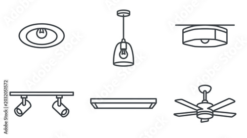 Outline Icons Set of Various Ceiling and Interior Lighting Fixtures including Recessed, Pendant, Surface Mount, Track Light, Linear Light, and Ceiling Fan on an isolated white background.