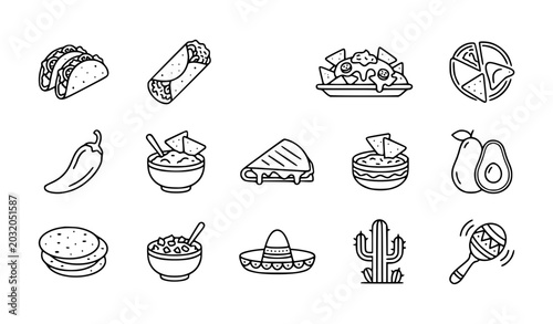 Foto Mexican food icon set tacos burrito vector illustration