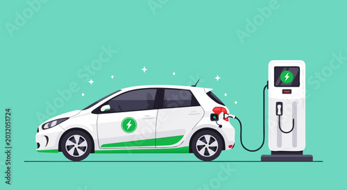 Obraz na płótnie Electric car charging at station vector illustration with green accents and mode