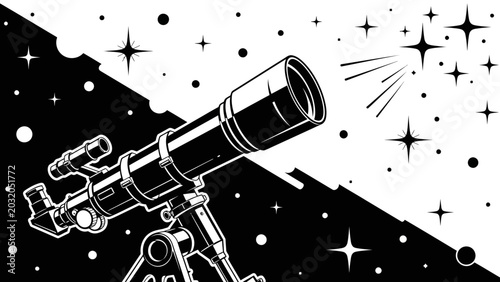 Fotografie Black and White Illustration of a Telescope Observing Starry Sky