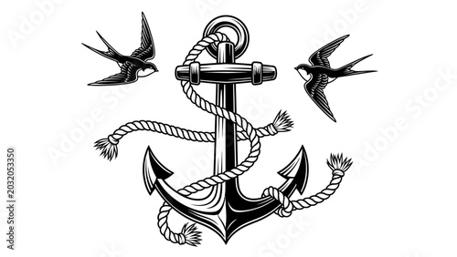 Anchor with Rope and Swallow Birds Old School Tattoo Style