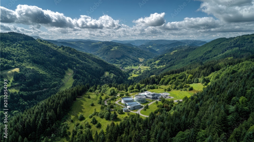 Fototapeta premium Aerial view valley green hydrogen plant integrated among forested hills, small industrial campus adjacent to river and winding road, sunlight filtering through scattered clouds, surrounding patches