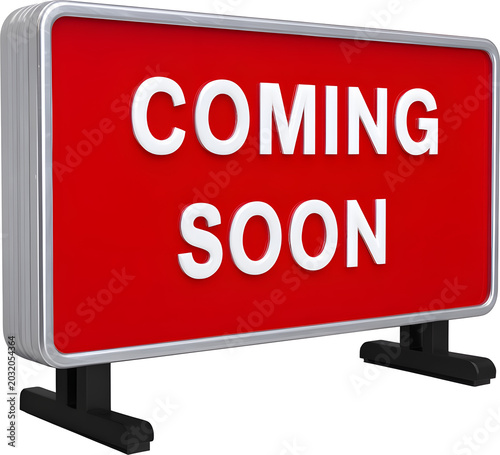 storefront-style red Coming Soon sign with aluminum frame for marketing and product launch, isolated graphic