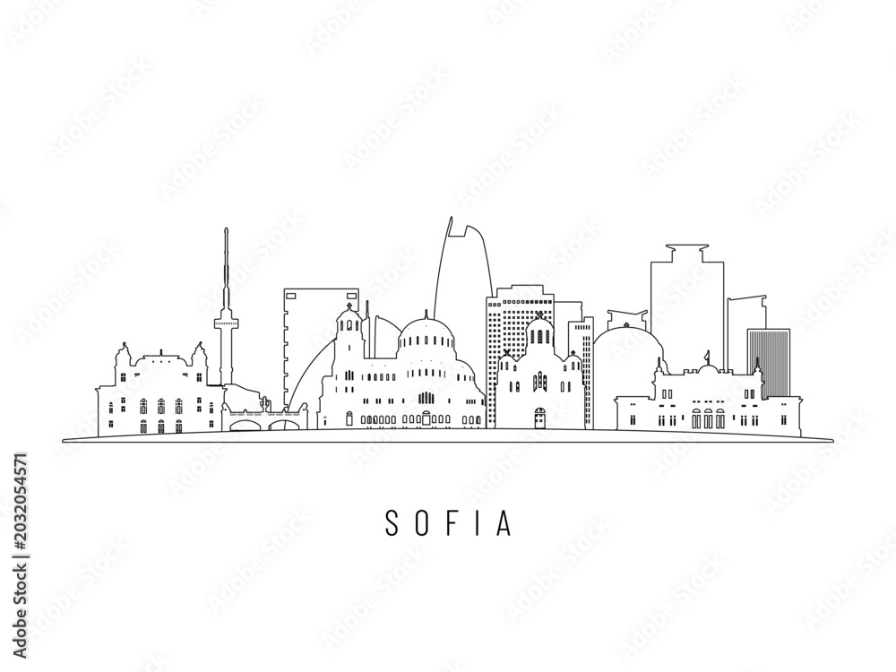 Obraz premium Detailed Sofia skyline vector illustration. Sofia buildings in line art style, perfect for modern designs.