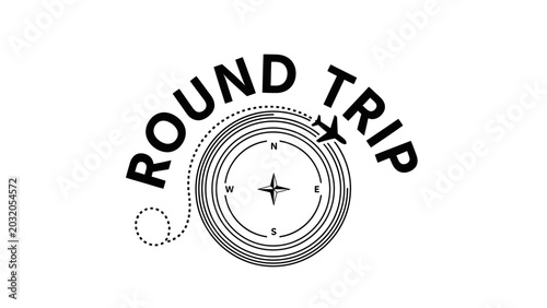 Round Trip Travel Logo Design with Compass and Airplane Icon
