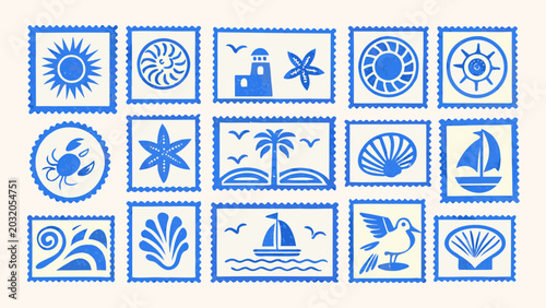 Schilderij op canvas Collection Of Nautical And Coastal Icons In Blue Presented As Stamps On A Light