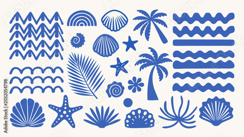 Canvastavla Collection of blue vector illustrations depicting seashells palm leaves waves an