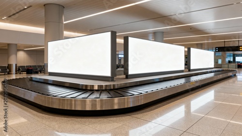 Blank billboard mockups at airport baggage claim conveyor belt