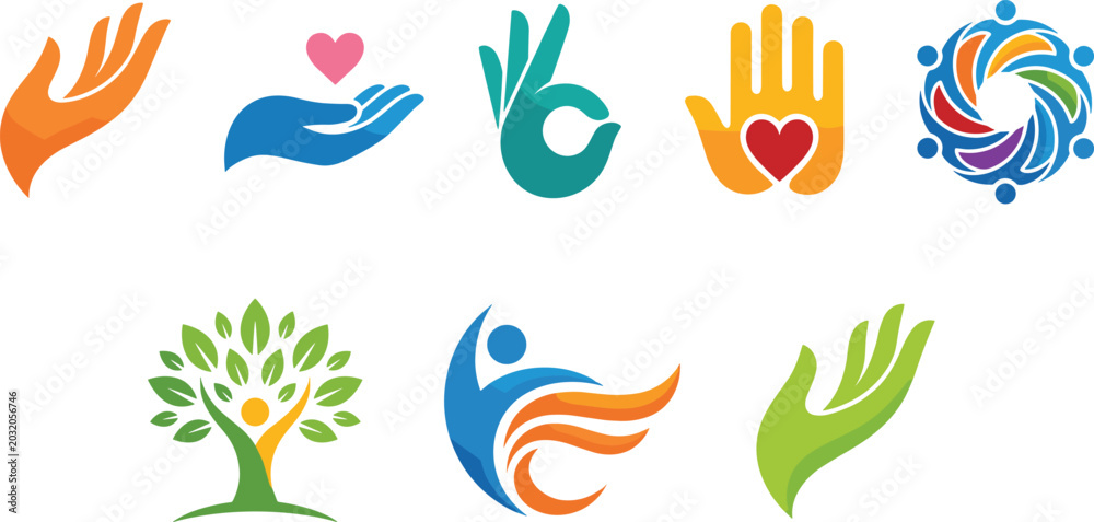 Obraz premium Creative community care and wellness logo collection with abstract human hands heart and nature vector symbols