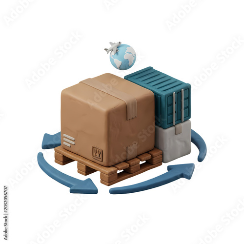 A stylized 3D illustration of a package truck with a globe, ideal for logistics, shipping, and global delivery themes.