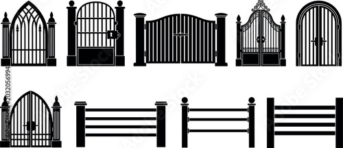 Obraz na płótnie Wrought Iron Gate and Fence Silhouette Vector Set with Gothic Arches, Decorative