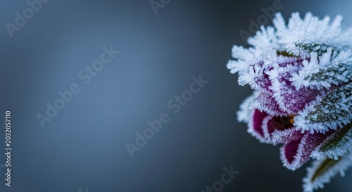 Frost covered purple flower petals with ice crystals on a dark blue background perfect for winter themes and seasonal designs
