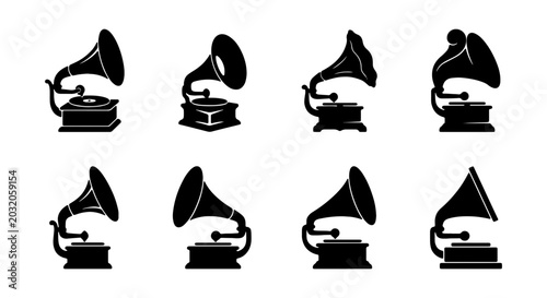 Tableau sur toile Vintage Gramophone Icons Set, Retro Phonograph Silhouettes, Classic Music Player