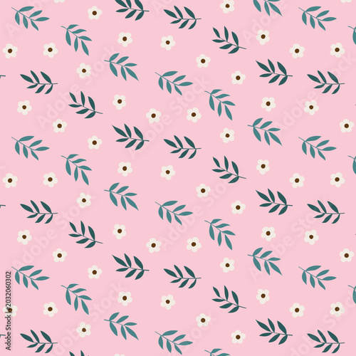 Seamless Floral Pattern with Small White Flowers and Green Leaves on Pink Background