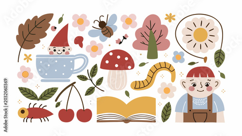 Bild auf Leinwand Floral ornament with gnome caterpillar and mushroom elements in a flat vector il