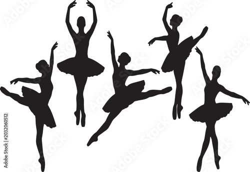 Schilderij op canvas Collection of graceful ballerina silhouettes in dynamic dance poses for creative
