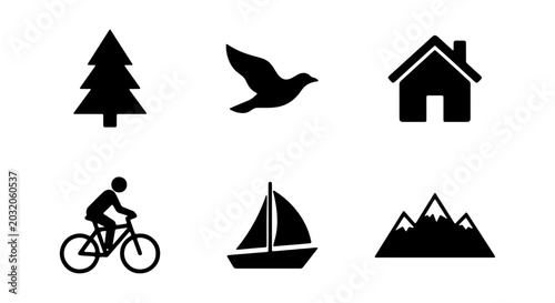 Bild auf Leinwand Nature and Lifestyle Icons: Tree, Bird, House, Bike, Sailboat, Mountains