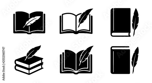Photos Book and Feather Icons, Literature Symbols, Writing Set, Education Graphics