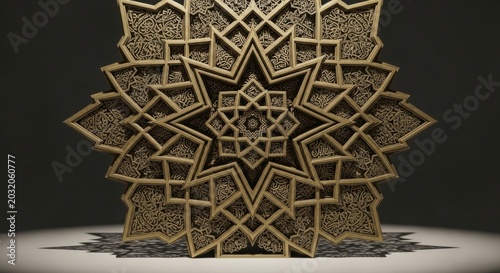 Intricate 3d geometric star mandala with detailed carvings on a dark background, with shadow