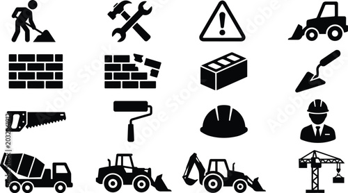 Fotografie Construction icon set vector isolated on white background black silhouette under