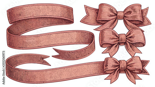 Vintage style rose gold ribbons and bows collection with gift wrapping white background hand drawn collection illustration scrapbook decoration template decorative packaging birthday