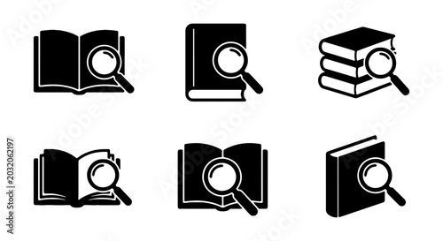 Foto Book Search Icons, Magnifying Glass Over Open and Closed Books, Research Symbols
