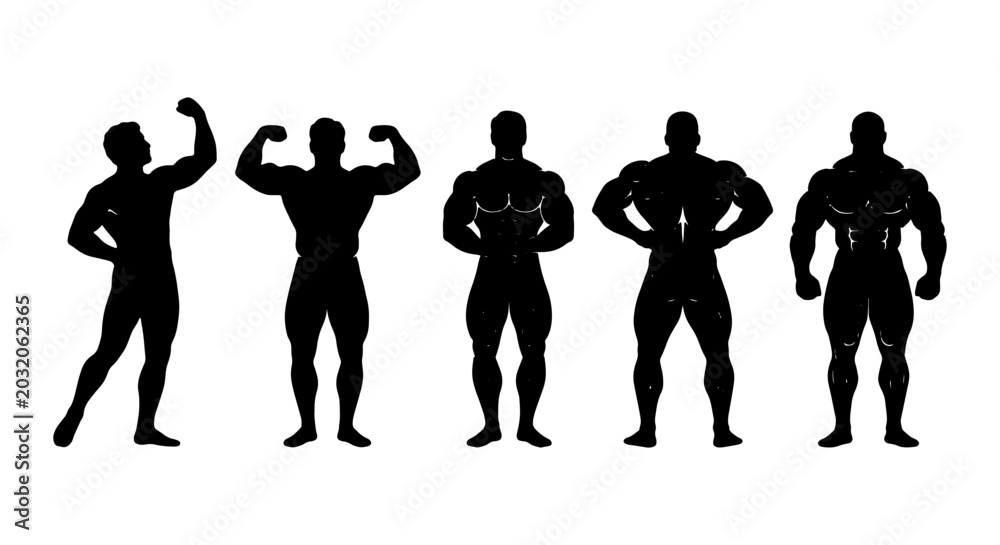 Fototapeta premium Bodybuilder Silhouettes, Muscular Men Poses, Fitness Competition Figures, Athletic Male Icons