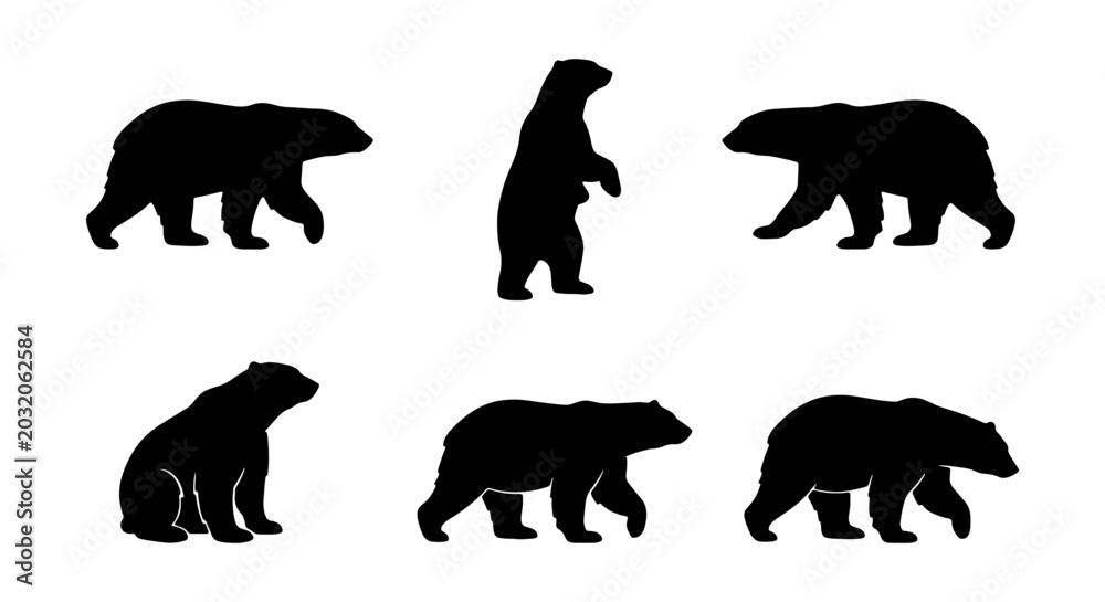 Fototapeta premium Polar Bear Silhouettes, Arctic Wildlife Icons, Ursus Maritimus Vector Set