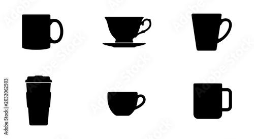 Tablou pe pânză Black Silhouette Coffee Cups and Mugs Collection, Vector Icons for Beverage Serv
