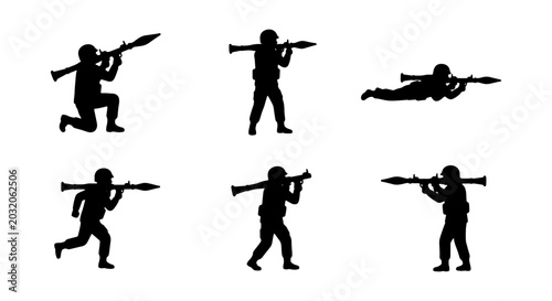 Foto Military Soldier Silhouettes, RPG Weapon Poses, Combat Action Vector Set
