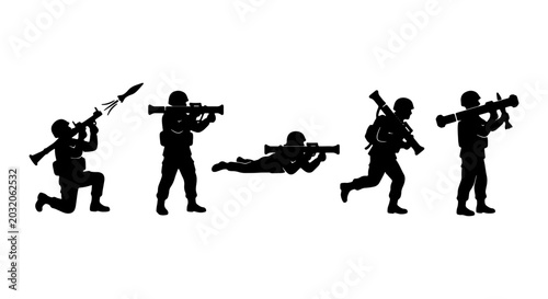 Bild auf Leinwand Soldier Silhouettes, Military Action Poses, Vector Art, Combat Figures, Weaponry